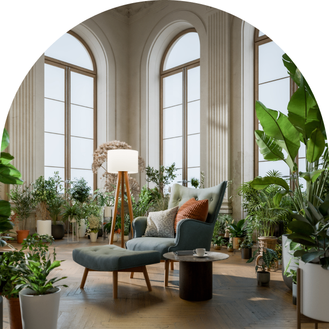 Cozy room with plants and armchair