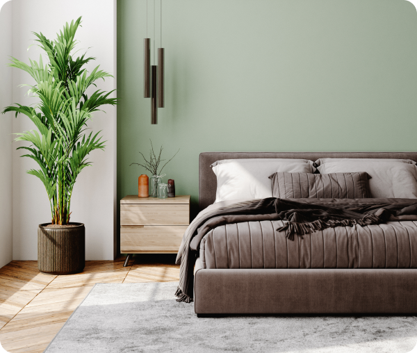 Cozy bedroom with potted plant