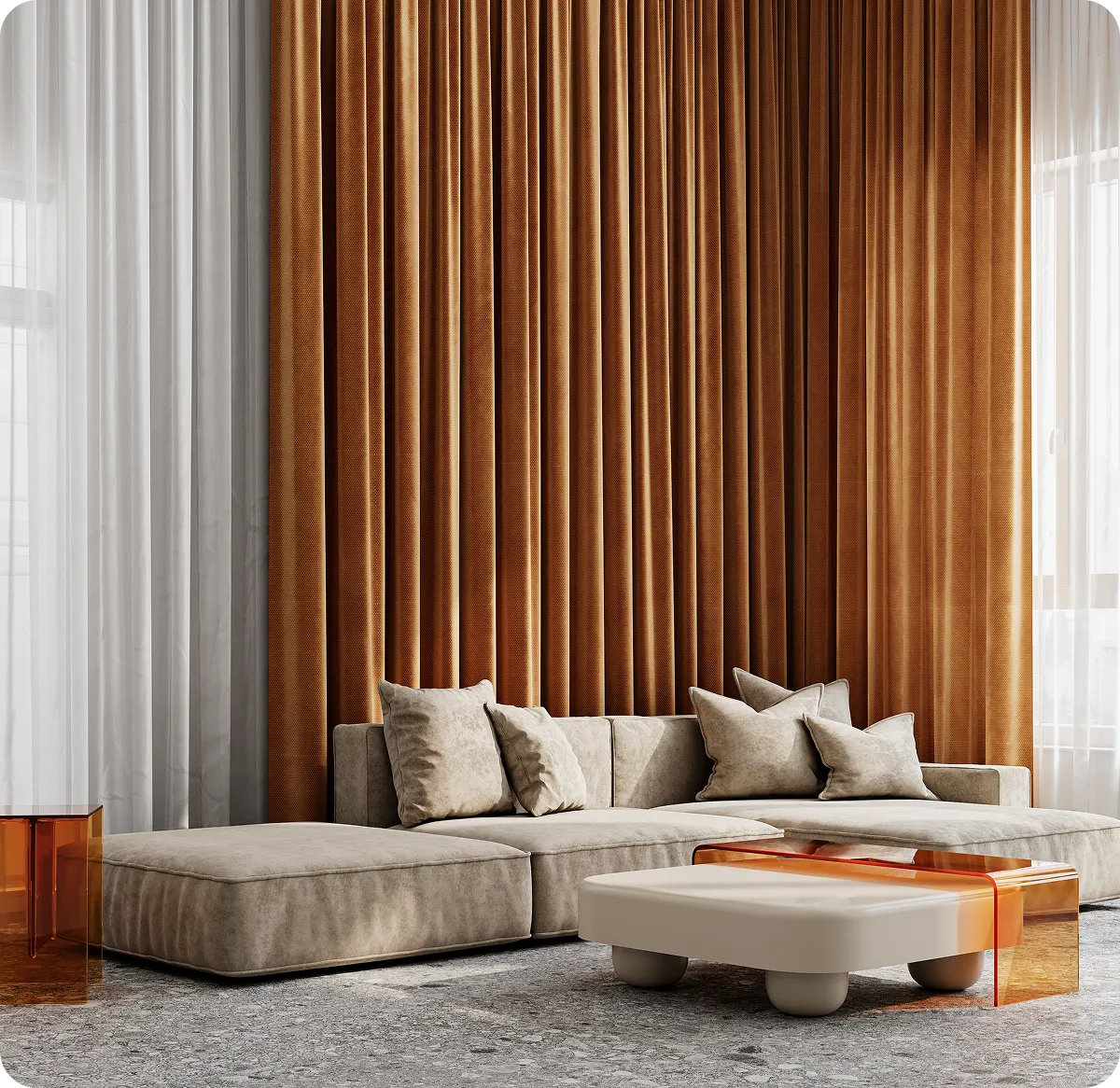 Modern living room with brown curtains